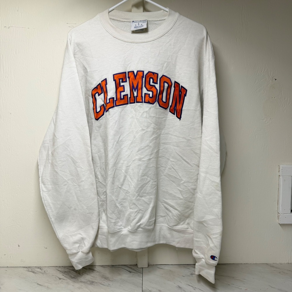Champion Clemson Tigers Sweatshirt Mens Large White Crewneck Pullover NCAA